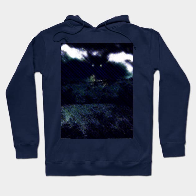 Digital collage and special processing. I am standing in field, and big, dark monster looking on me. Green tones and blue dotted lines. Hoodie by 234TeeUser234